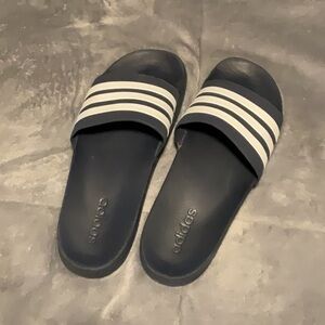 Adidas Dark Blue and White Striped Slides